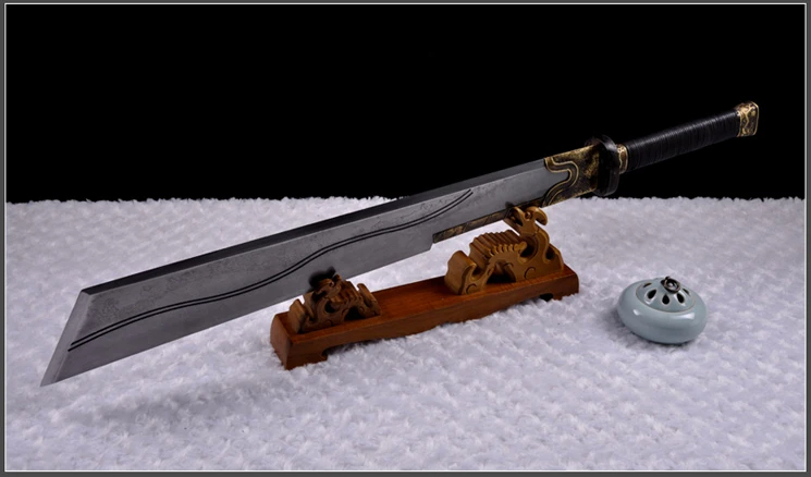 Cleaver Sword A cleaver sword displayed on a small, wooden sword-stand.