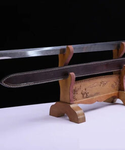 An all Damascus steel sword, displayed alongside its leather scabbard, on a wooden sword-stand.