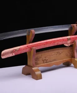 A Liuyedao Dao sword displayed horizontally alongside its decorative scabbard, on a small wooden sword stand.