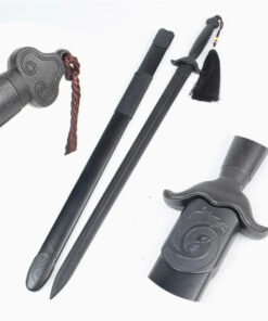 A Chinese Jian training sword for Tai Chi and Taiji, displayed next to its scabbard.