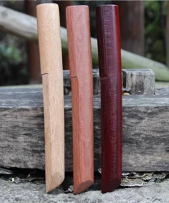 Three wooden Tanto bokken knives displayed side-by-side.