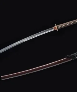 A long handle sword Nagamaki, displayed next to its scabbard.