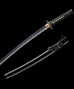A tactical Wakizashi sword displayed next to its black scabbard.