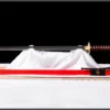 A Japanese Ninja sword displayed on a white-sheet, with its red scabbrd below on the floor.