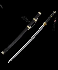 A reverse blade sword displayed next to its decorative scabbard.