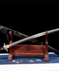 A blue dragon sword Katana and its scabbard, displayed leaning against a small wooden stand.