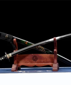 A mirror blade display sword, displayed crossed against its decorative scabbard, leaning against a small wooden sword-stand.