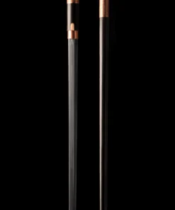 A hidden sword cane displayed next to its staff scabbard.