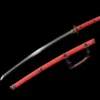 A Japanese Tachi weapon, displayed next to its red scabbard.