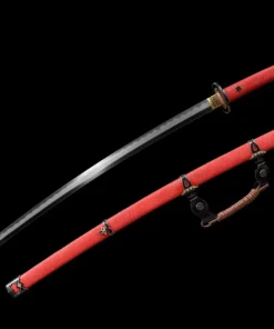 A Japanese Tachi weapon, displayed next to its red scabbard.