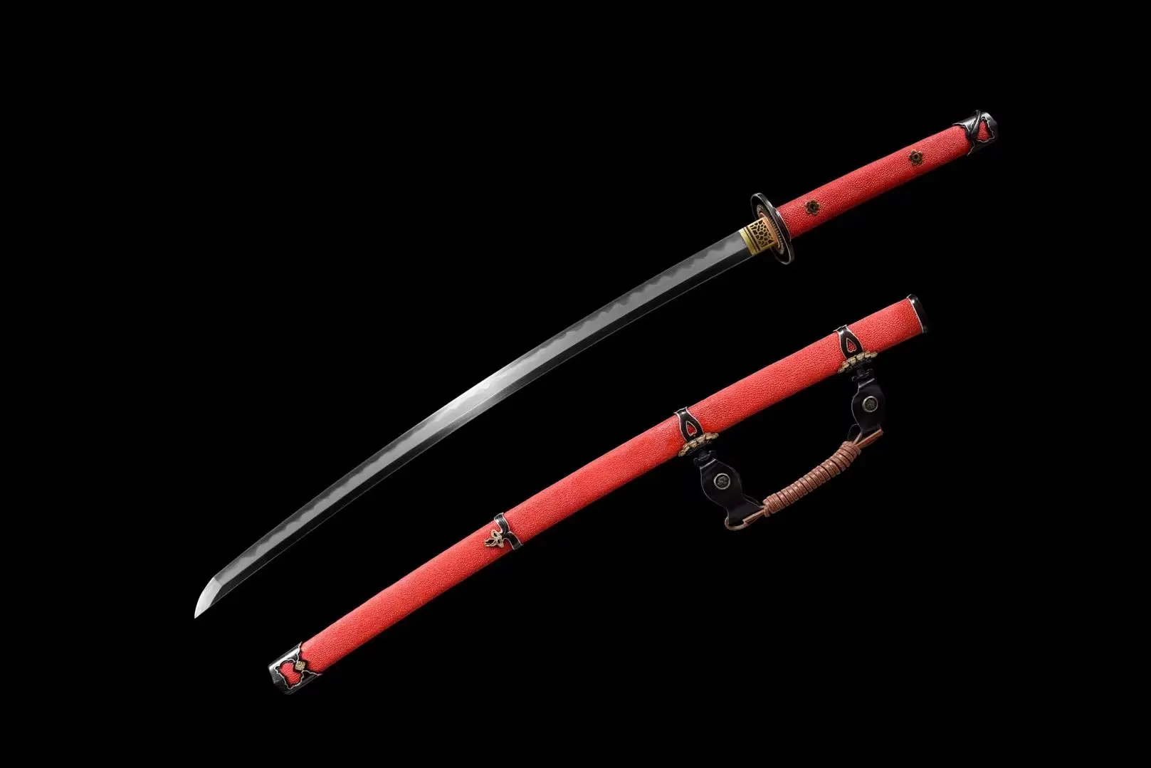 Japanese Tachi A Japanese Tachi weapon, displayed next to its red scabbard.