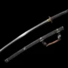 A Japanese Tachi weapon sword, displayed next to its black scabbard.