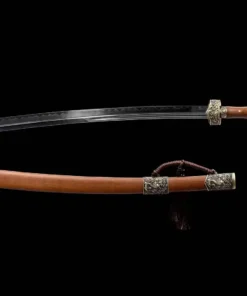 A Chinese Dao sword, displayed next to its scabbard.