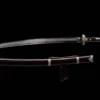 A Chinese Katana saber sword, displayed next to its decorative scabbard.