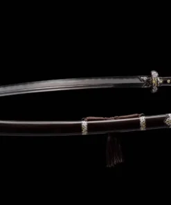 A Chinese Katana saber sword, displayed next to its decorative scabbard.