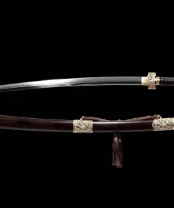 A Chinese saber sword, displayed next to its scabbard.