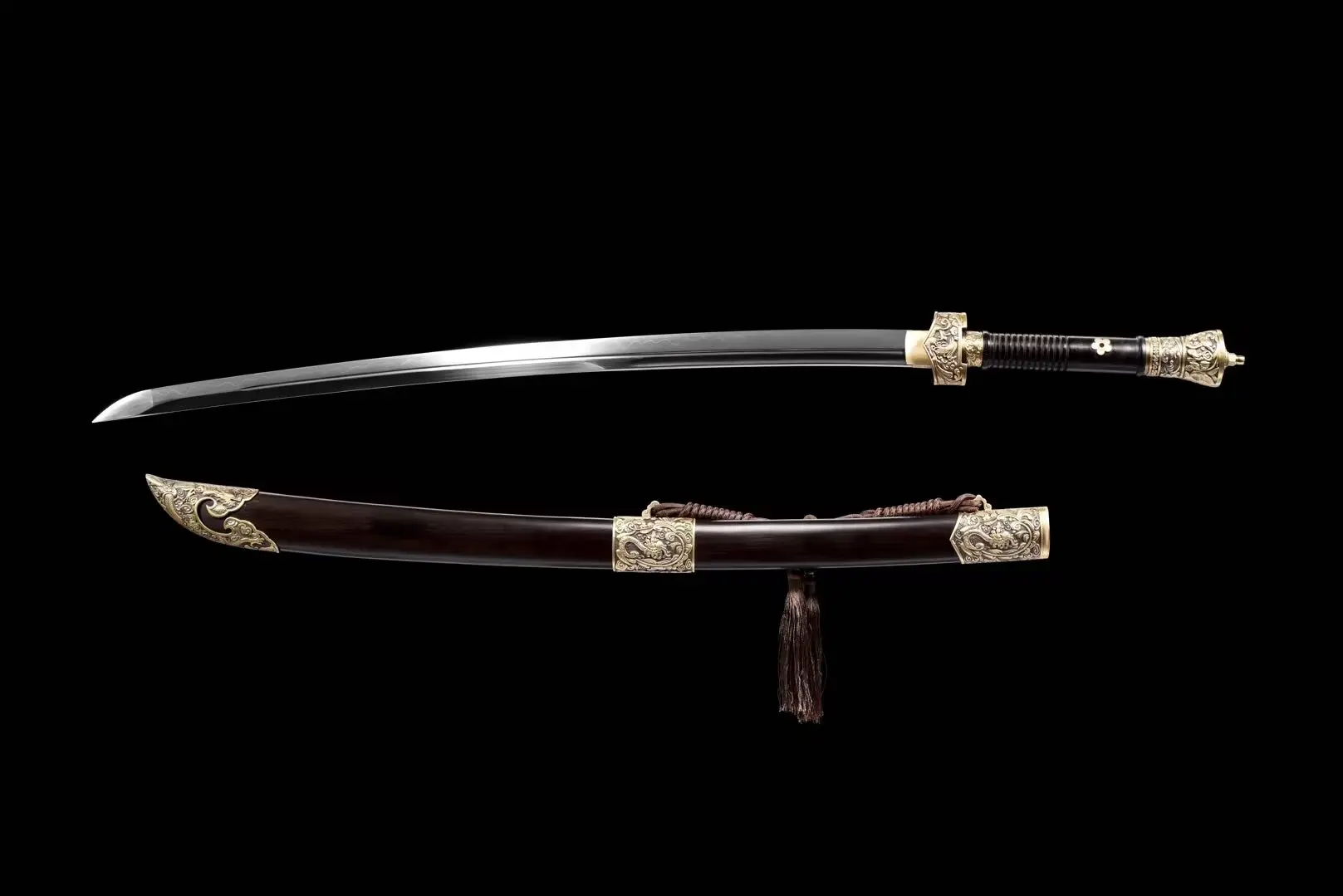 Chinese Saber Sword A Chinese saber sword, displayed next to its scabbard.