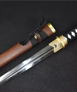 A double edge Tanto knife displayed next to its sheath.