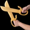 Two hands shown holding a pair of bamboo martial arts training knives.