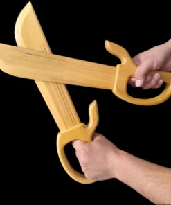 Two hands shown holding a pair of bamboo martial arts training knives.