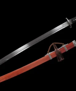 A Ming Dao sword, displayed next to its traditional scabbard.