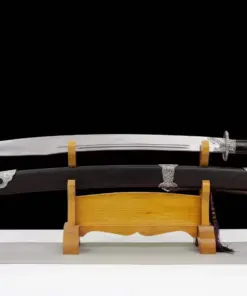 A Chinese Niu Wei Dao sword. displayed next to its scabbard, on a small wooden stand.