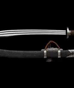 An oxtail Niuweidao sword displayed next to its scabbard.