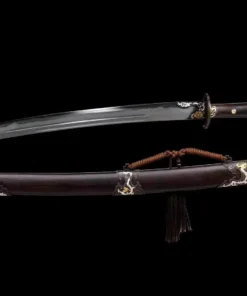 A Chinese short sword displayed next to its decorative scabbard.