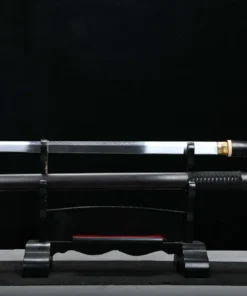 A Chinese tang Dao sword, displayed next to its scabbard, on a small wooden stand.