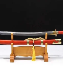 A traditional Chinese sword Dao, displayed next to its scabbard, on a wooden stand.