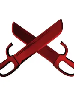 Two red-painted wooden butterfly knife swords, displayed with blades crossed.