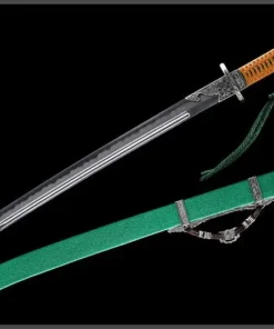 A Chinese Yanmaodao sword, displayed next to its decorative scabbard.