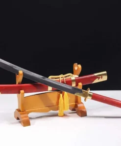 A two handed Chinese Zhanmadao sword, displayed next to its scabbard, leaning against a small wooden stand.