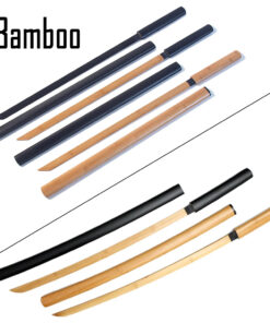 Five Japanese bamboo swords of differing color and design, displayed side-by-side.