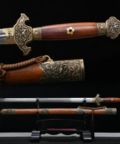 A Chinese Jian sword displayed next to its decorative scabbard, on a small wooden stand