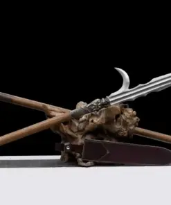 A Chinese hooked spear and its handle extension displayed leaning against a small wood log, with its scabbard below on the floor.