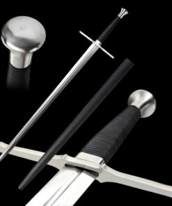 A hand and a half Knight sword displayed next to its scabbard, along with close-ups of the sword's pommel and hilt.