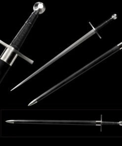 A Knight's sword, displayed next to its scabbard, along with the same sword show below sheath.