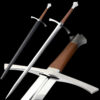 A Knight longsword displayed next to the same sword shown sheathed, and a close-up of the sword's handle & hand-guard.