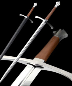A Knight longsword displayed next to the same sword shown sheathed, and a close-up of the sword's handle & hand-guard.