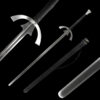 A two handed sparring longsword displayed next to its scabbard, along with close-ups of the sword's blade and hand-guard.
