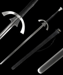 A two handed sparring longsword displayed next to its scabbard, along with close-ups of the sword's blade and hand-guard.