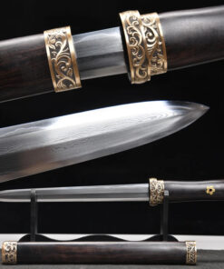 A Chinese traditional dagger knife, displayed on a wooden stand, with its sheath below on the floor, and close-ups of the knife's blade and hilt above.