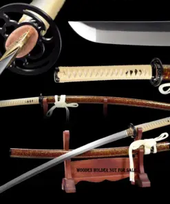 A 1060 steel sword Katana displayed next to its scabbard, leaning against a wooden stand, along with the same sword shown sheathed, and sword highlights above.