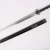 A Chinese one handed sword, with a straight, double-edged blade, displayed next to its scabbard.