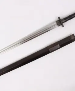 A Chinese one handed sword, with a straight, double-edged blade, displayed next to its scabbard.