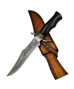 A Damascus bowie kife with sheath.