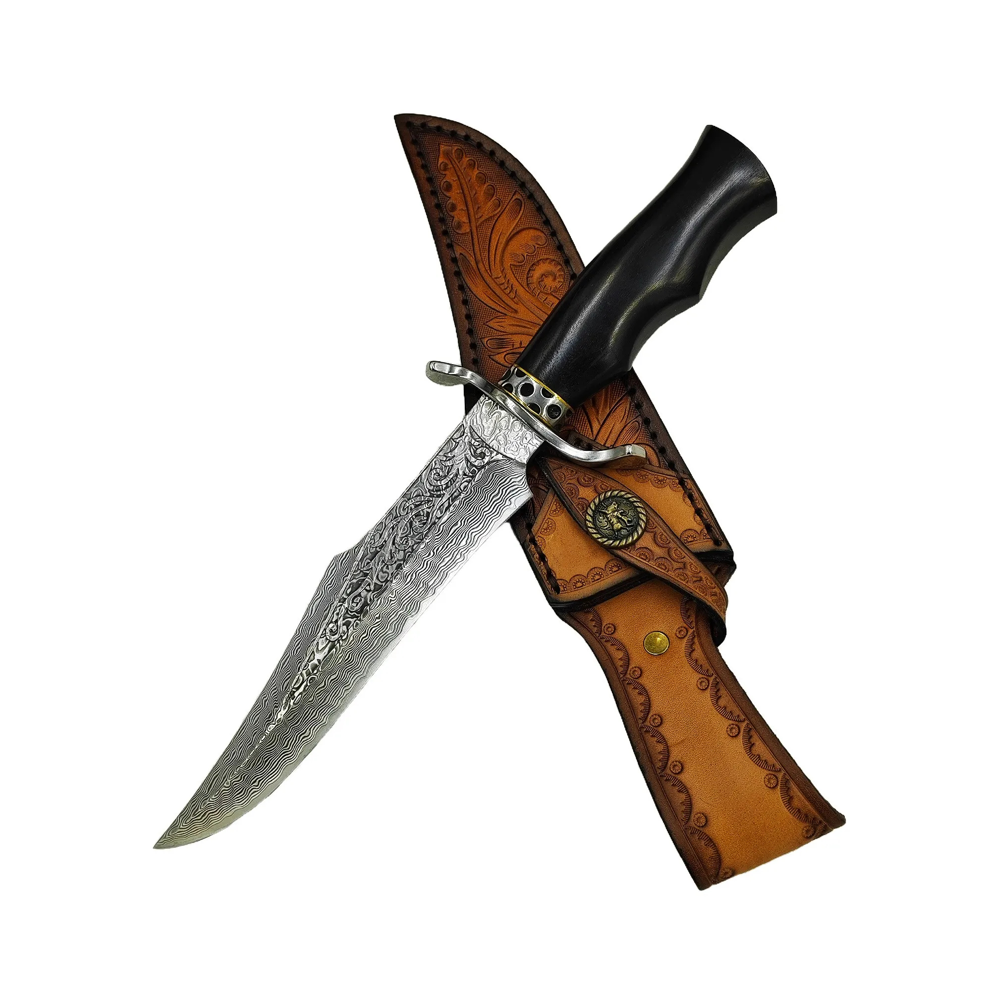 Damascus Bowie Knife A Damascus bowie kife with sheath.