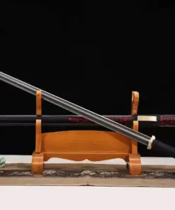A Han Jian sword displayed next to its scabbard, leaning against a small wooden stand.