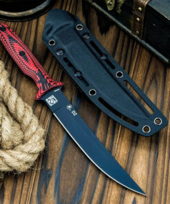 A self defense knife, displayed next to its Kydex sheath, lying on a wooden floor.